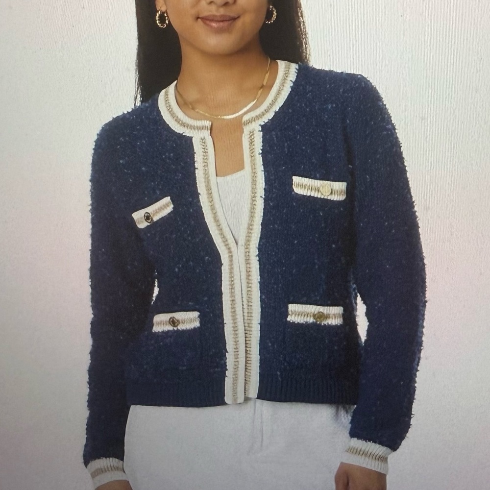 Lilly Pulitzer, Nalayna Stylish Navy Cardigan  w/gold & white trim,‎ size M